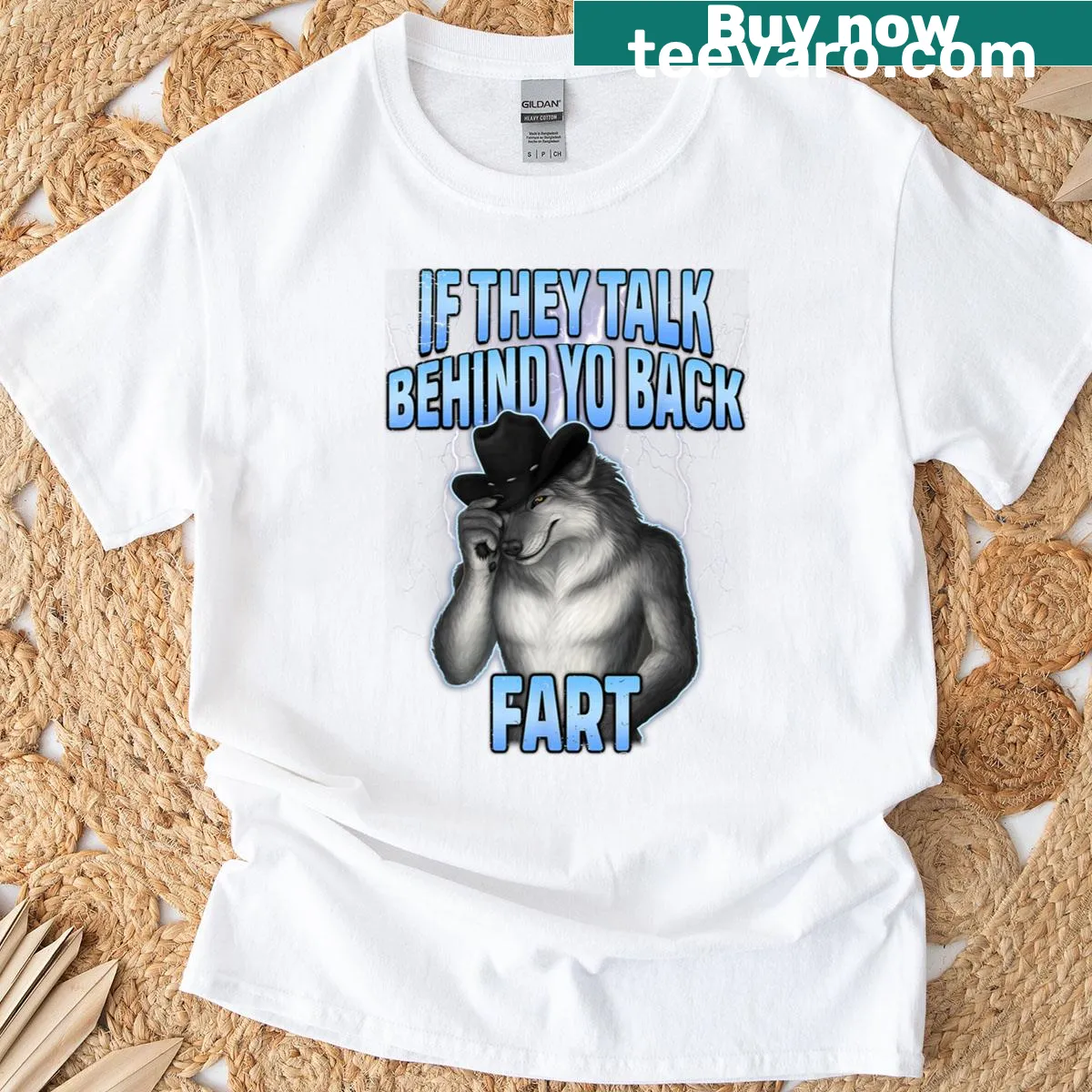 Funny wolf meme t-shirt with the phrase about gossip and farts — on a men's t-shirt