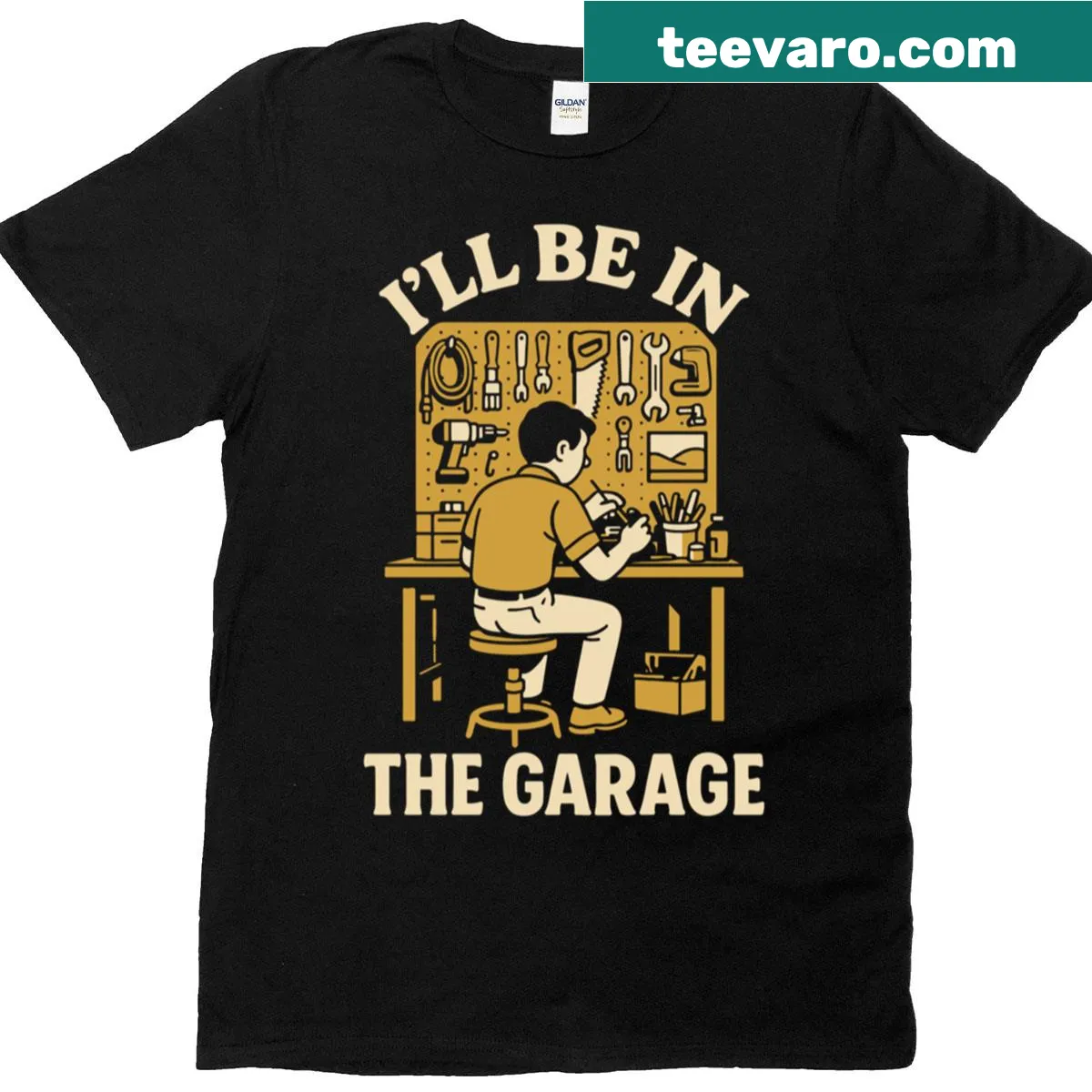 Funny mechanic shirt with the phrase I'll Be In The Garage — on a men's t-shirt