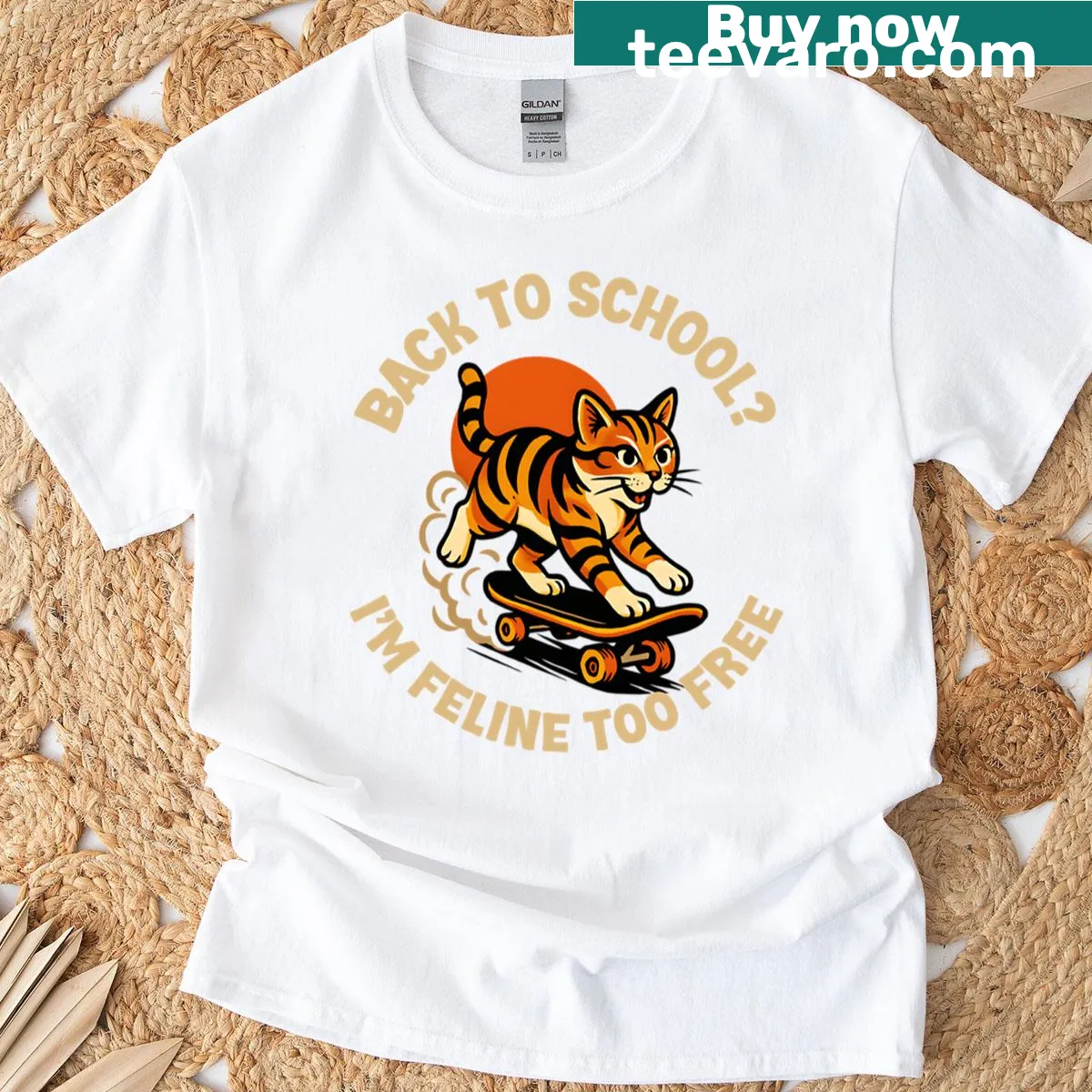 Cute skater cat graphic T-shirt with humorous text — on a men's t-shirt