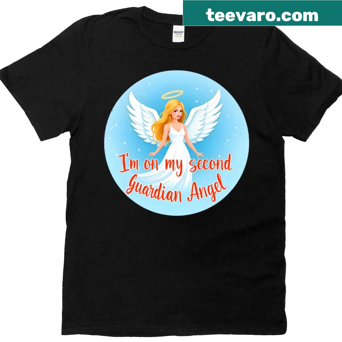 T-shirt featuring a fun message about guardian angels — on a men's t-shirt