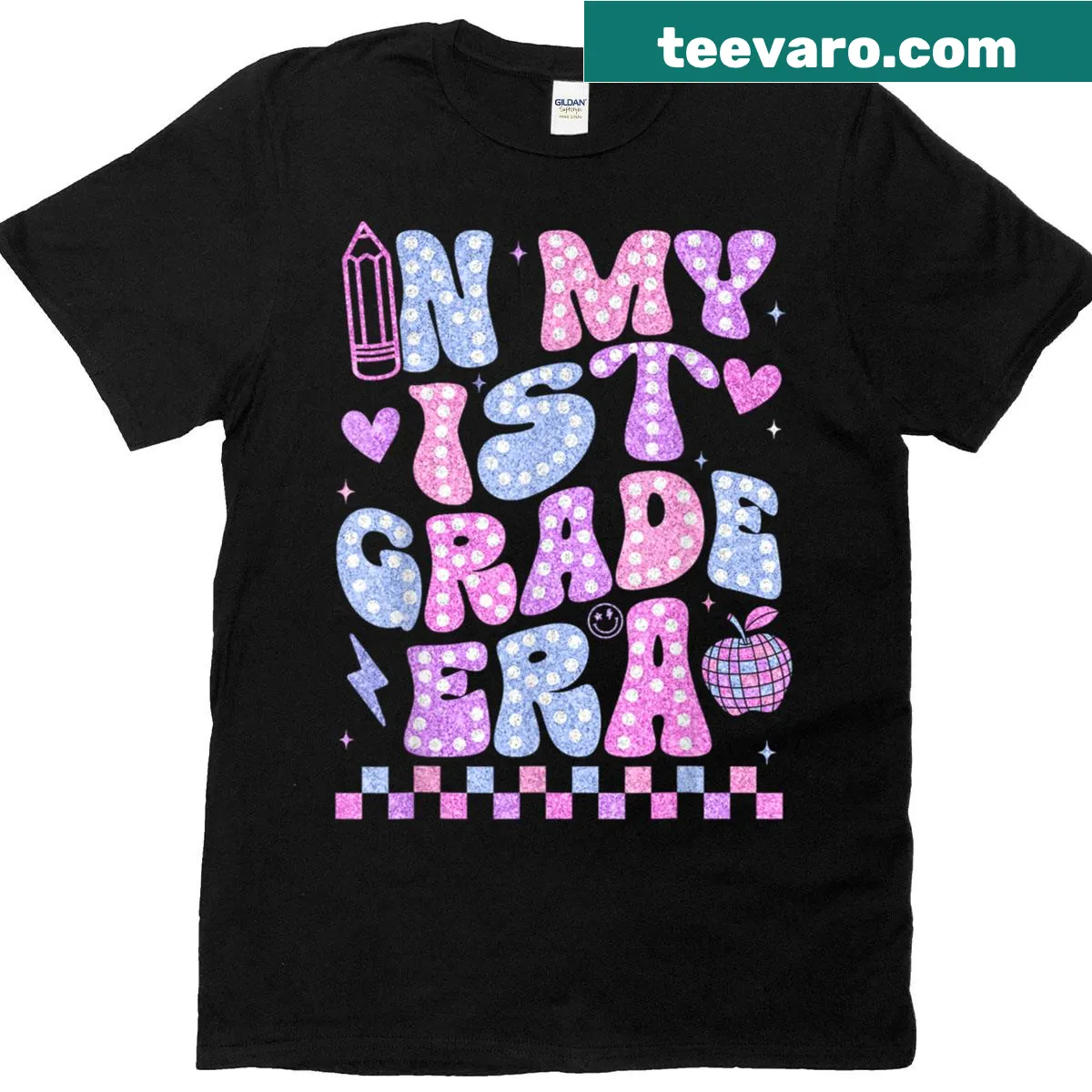 T-shirt celebrating first grade teachers with a cheerful graphic — on a men's t-shirt