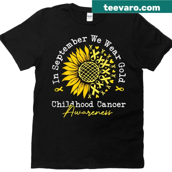Sunflower design t-shirt for kids with the phrase 'In September We Wear Gold.'