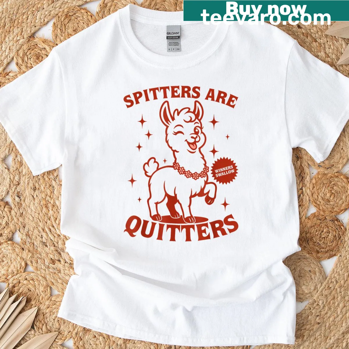 Funny meme t-shirt with Spitters Are Quitters slogan — on a men's t-shirt