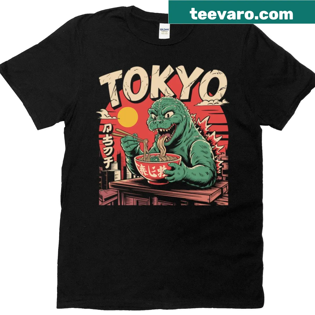 Japanese T-shirt featuring Godzilla with ramen and Tokyo background — on a men's t-shirt