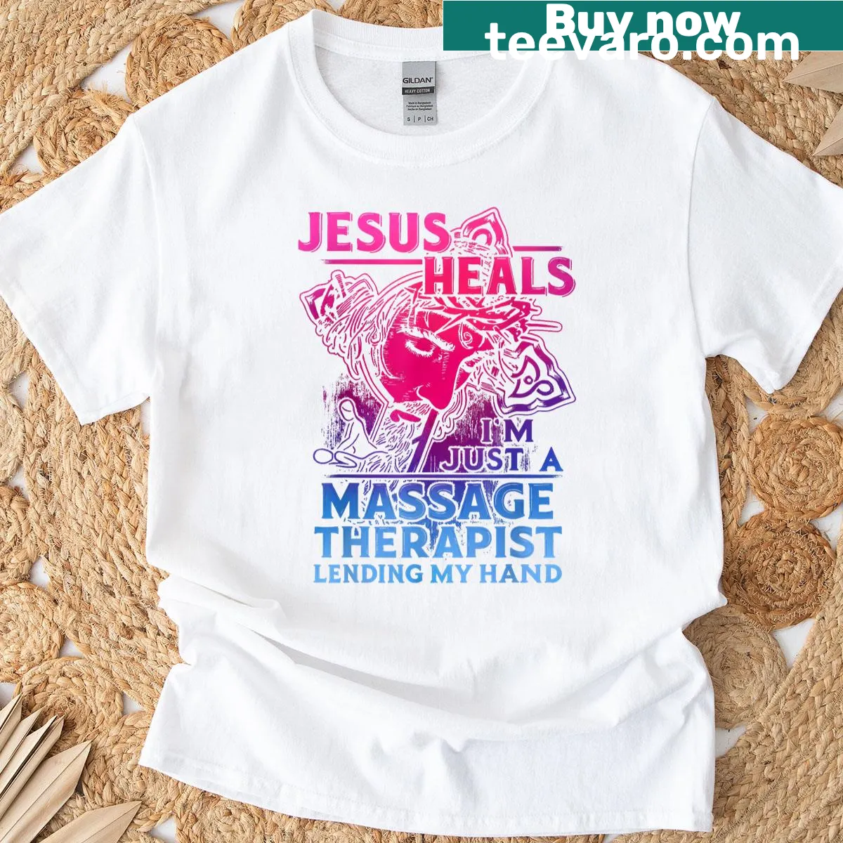 Inspirational massage therapist t-shirt with a religious healing theme — on a men's t-shirt