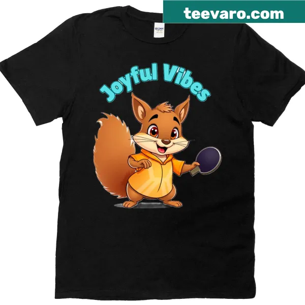 Cartoon squirrel graphic with joyful vibes text on oversized t-shirt