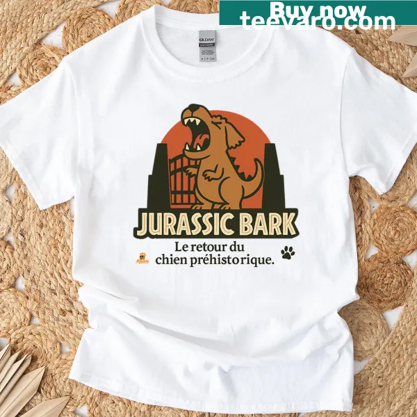 Cartoon t-shirt parodying Jurassic Park with a humorous dog theme