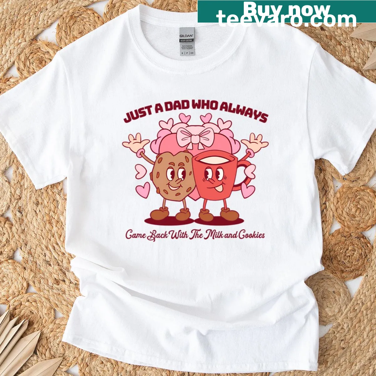 Oversized t-shirt featuring cartoon mascots and humorous milk and cookies text — on a men's t-shirt