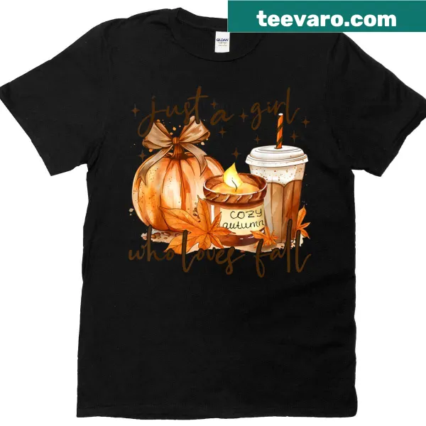T-shirt with the text 'Just A Girl Who Loves Fall Pumpkin Spice' in playful typography
