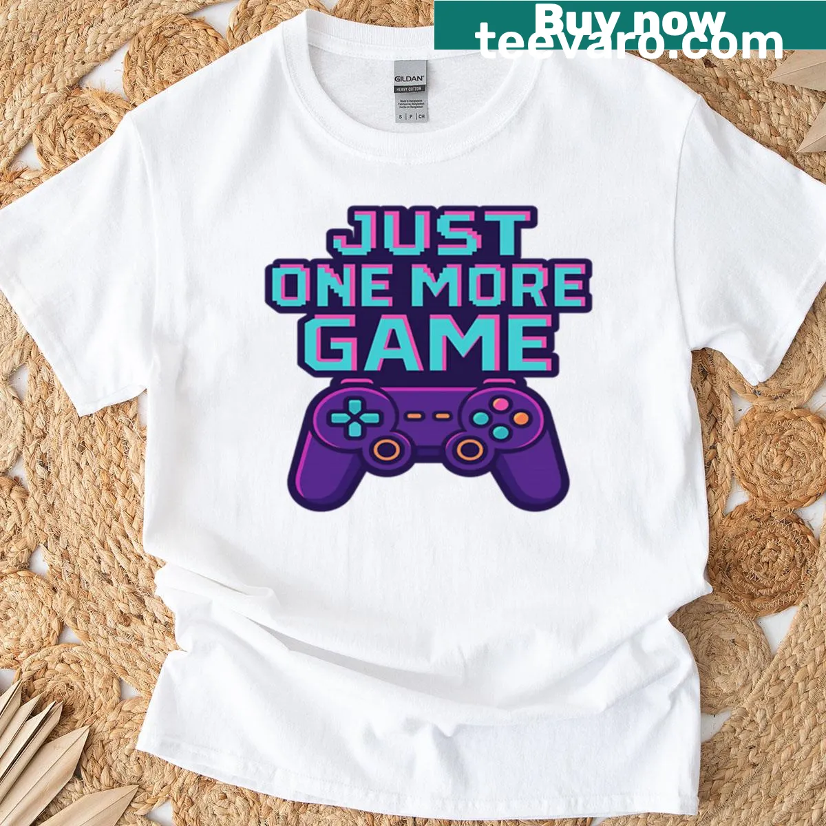 Nostalgic gaming t-shirt with Just One More Game text — on a men's t-shirt