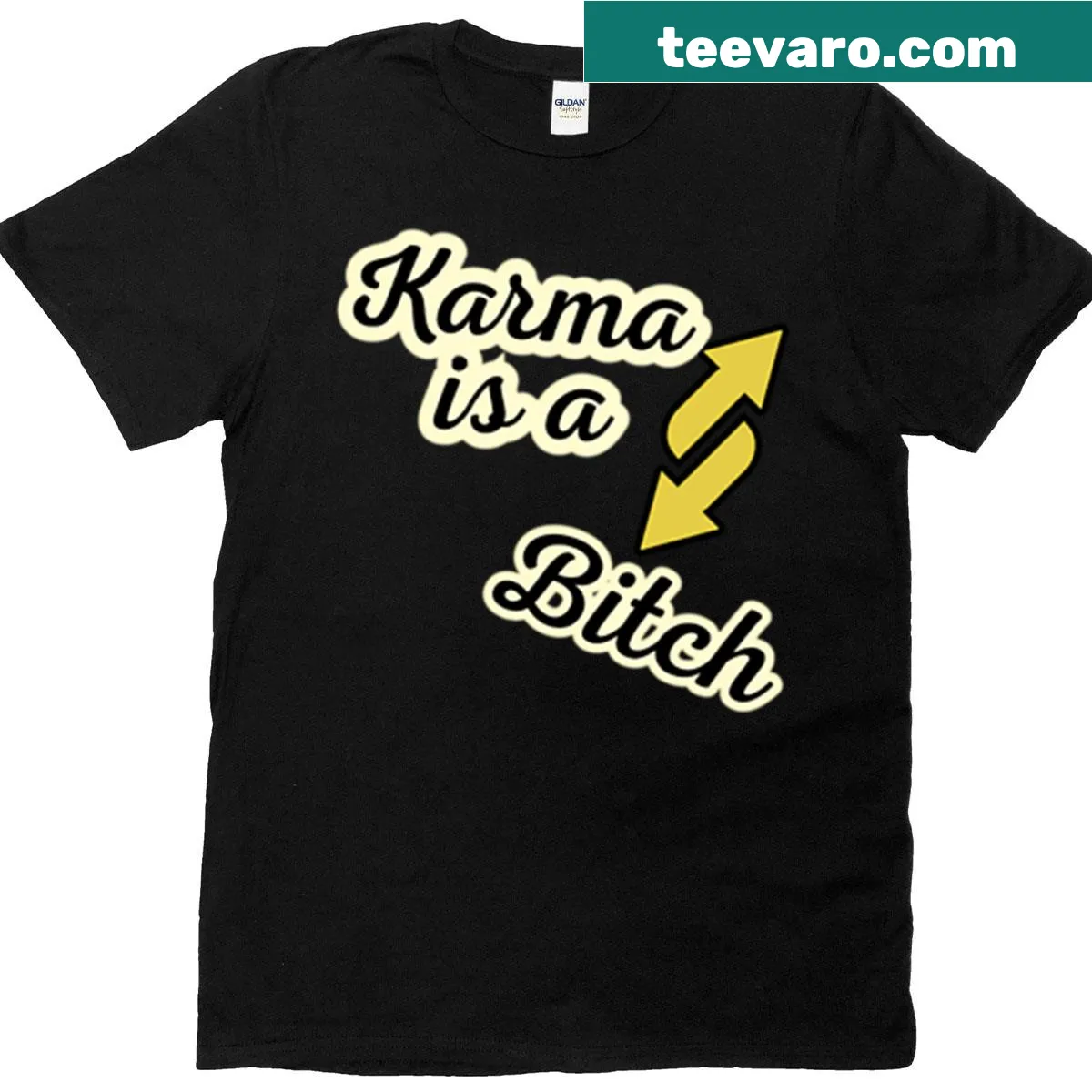 Bold statement tee featuring the phrase 'Karma Is A Bitch' in striking typography — on a men's t-shirt