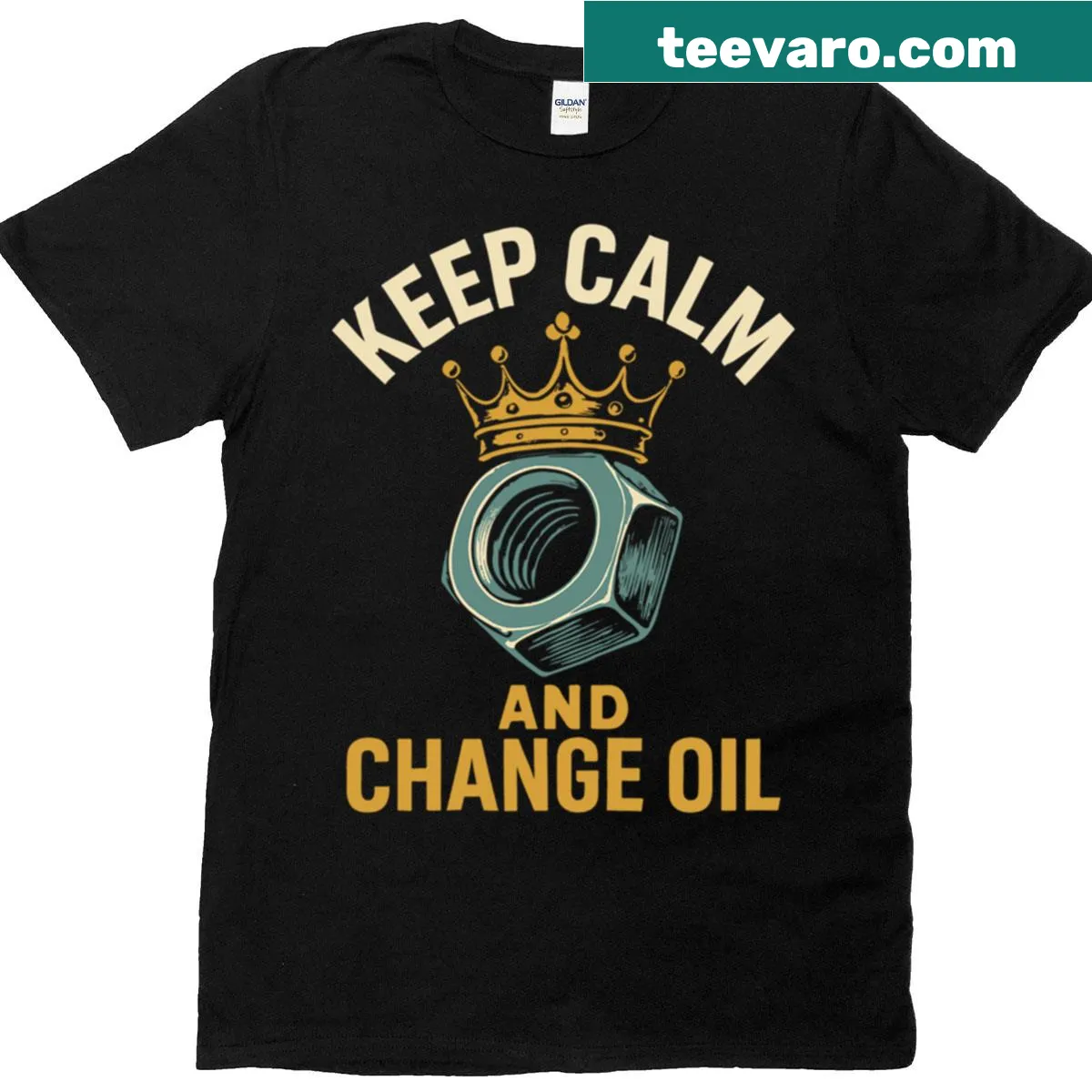 Funny t-shirt with the phrase 'Keep Calm and Change Oil' for mechanics — on a men's t-shirt