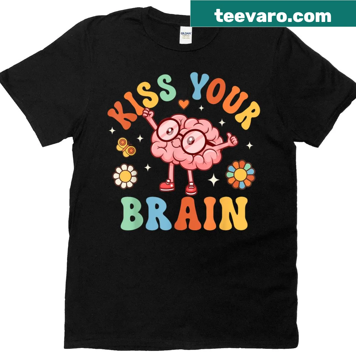 Inspirational T-shirt with 'Kiss Your Brain Teacher' text for female educators — on a men's t-shirt