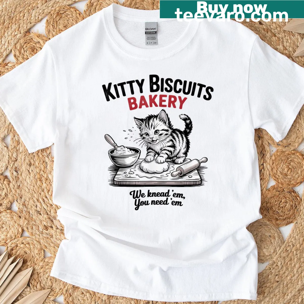 T-shirt with a cute graphic of kitty biscuits and a bakery theme — on a men's t-shirt