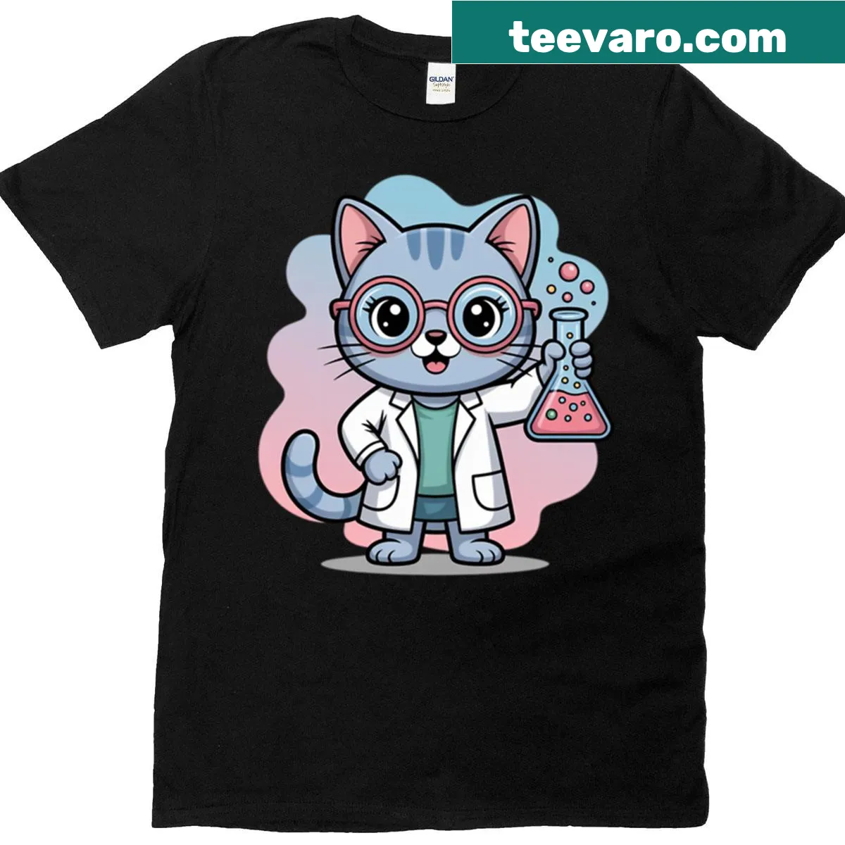 Illustration of a curious laboratory cat surrounded by scientific elements. — on a men's t-shirt
