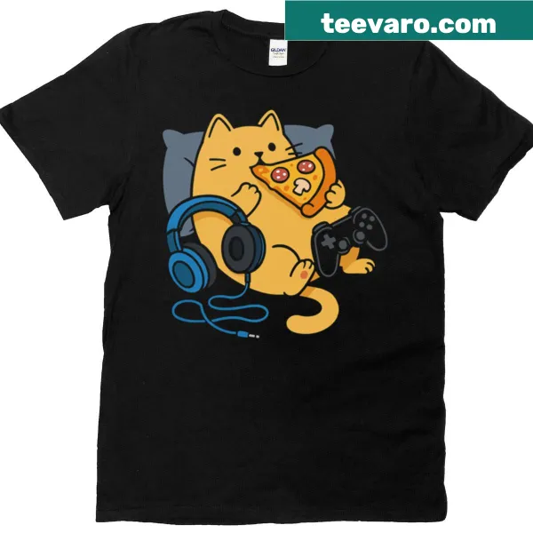 Cartoon T-shirt of a lazy cat gamer eating pizza in a funny style.