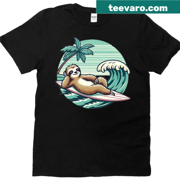 T-shirt featuring a lazy sloth surfing on a wave