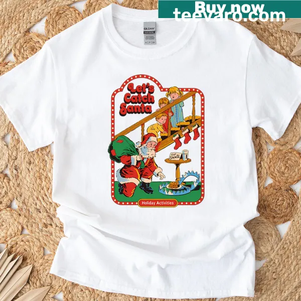 Fun Christmas t-shirt featuring Santa in a playful chase design