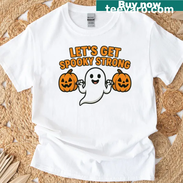 Cute ghost lifting weights in a Halloween-themed gym design