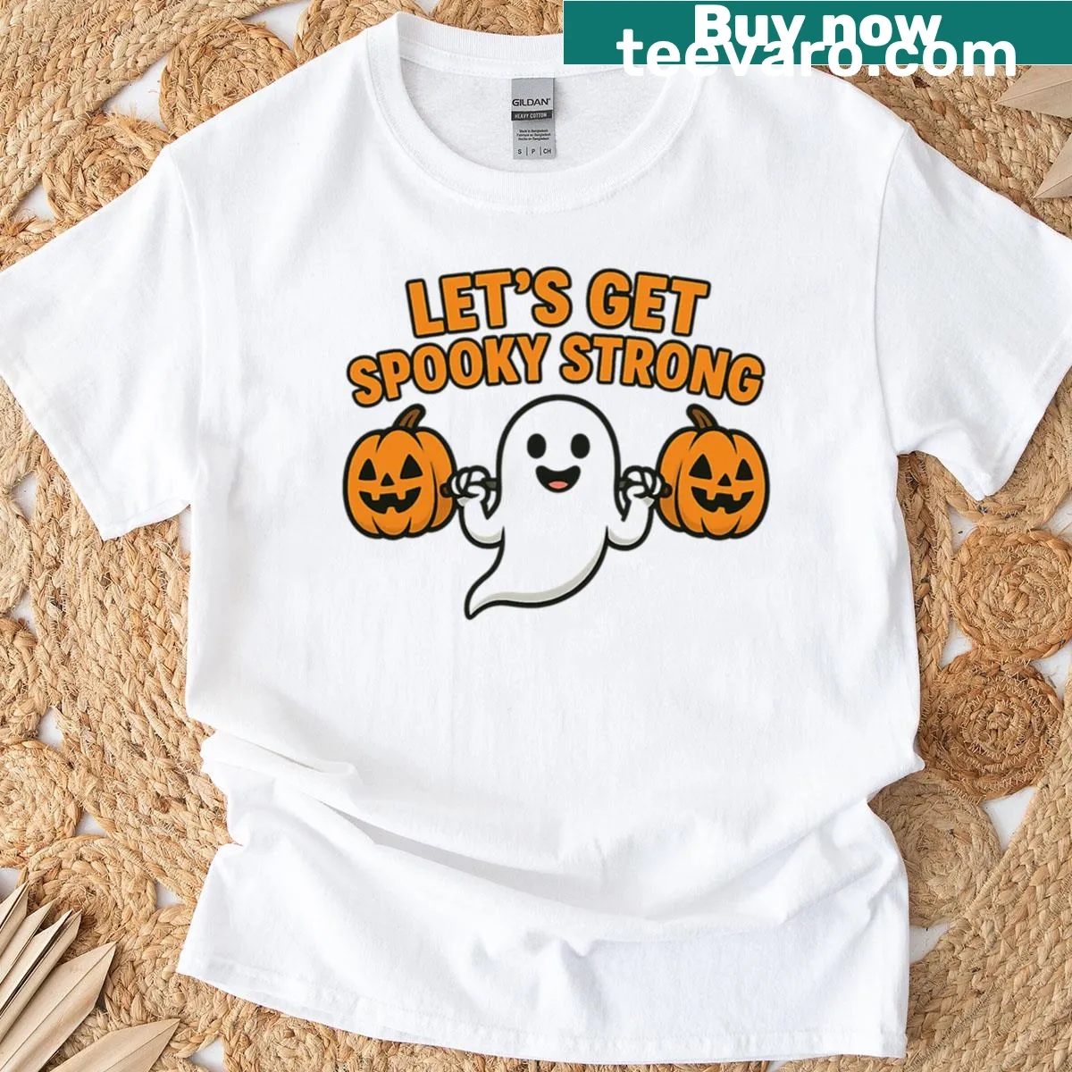 Cute ghost lifting weights in a Halloween-themed gym design — on a men's t-shirt