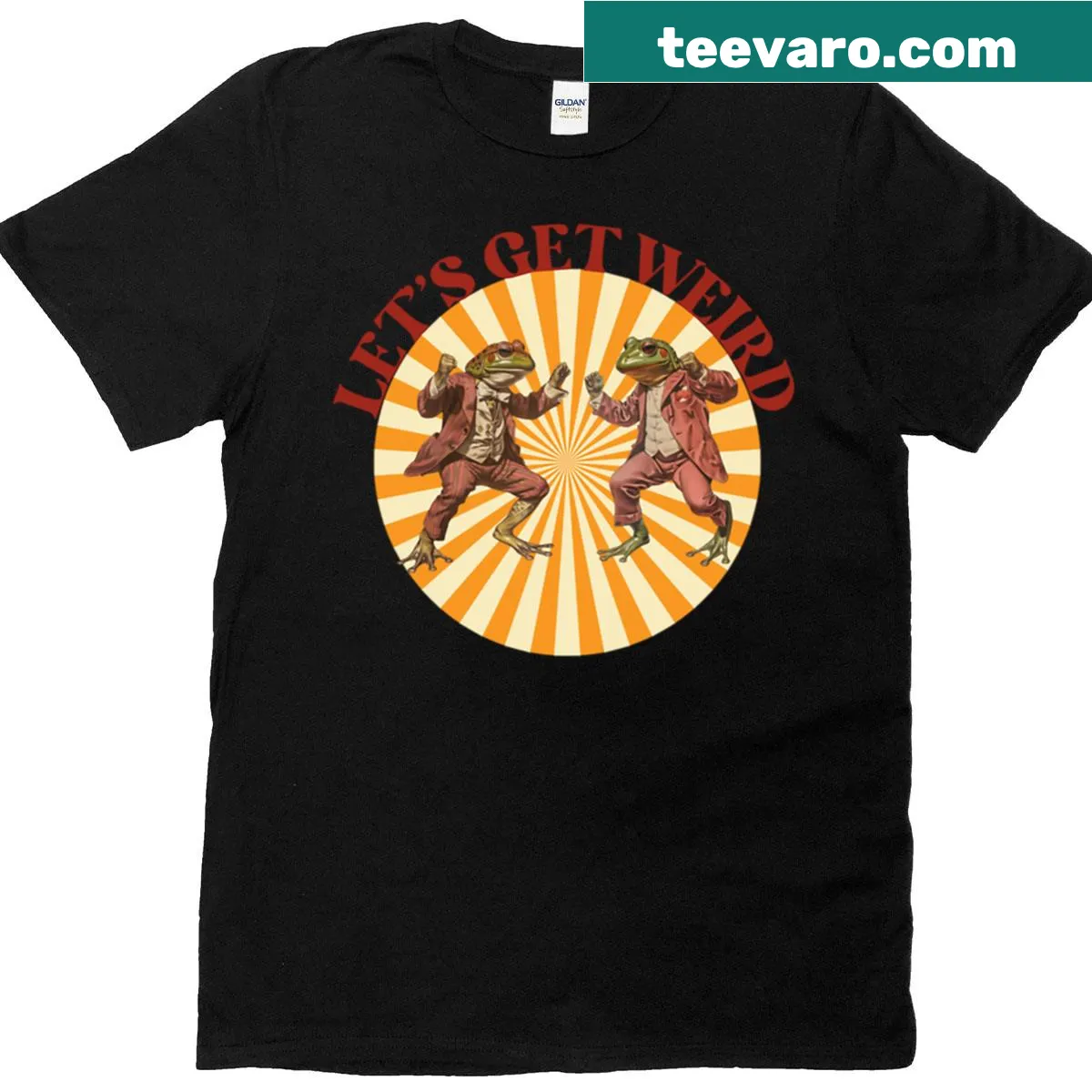 Cute oversized t-shirt featuring two dancing retro frogs in a playful design — on a men's t-shirt