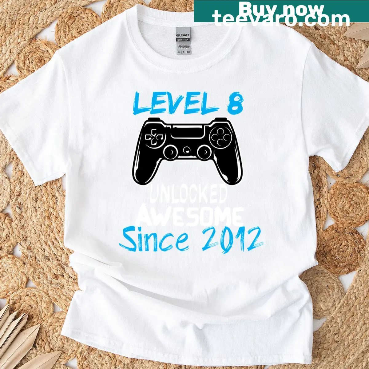Gaming t-shirt with 'Level 8 Unlocked Awesome Since 2012' text — on a men's t-shirt