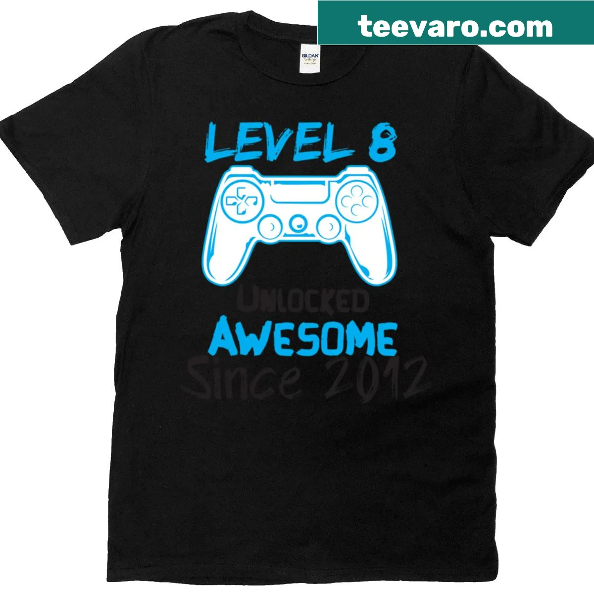 Funny gaming t-shirt with 'Level 8 Unlocked Awesome Since 2012' text — on a men's t-shirt