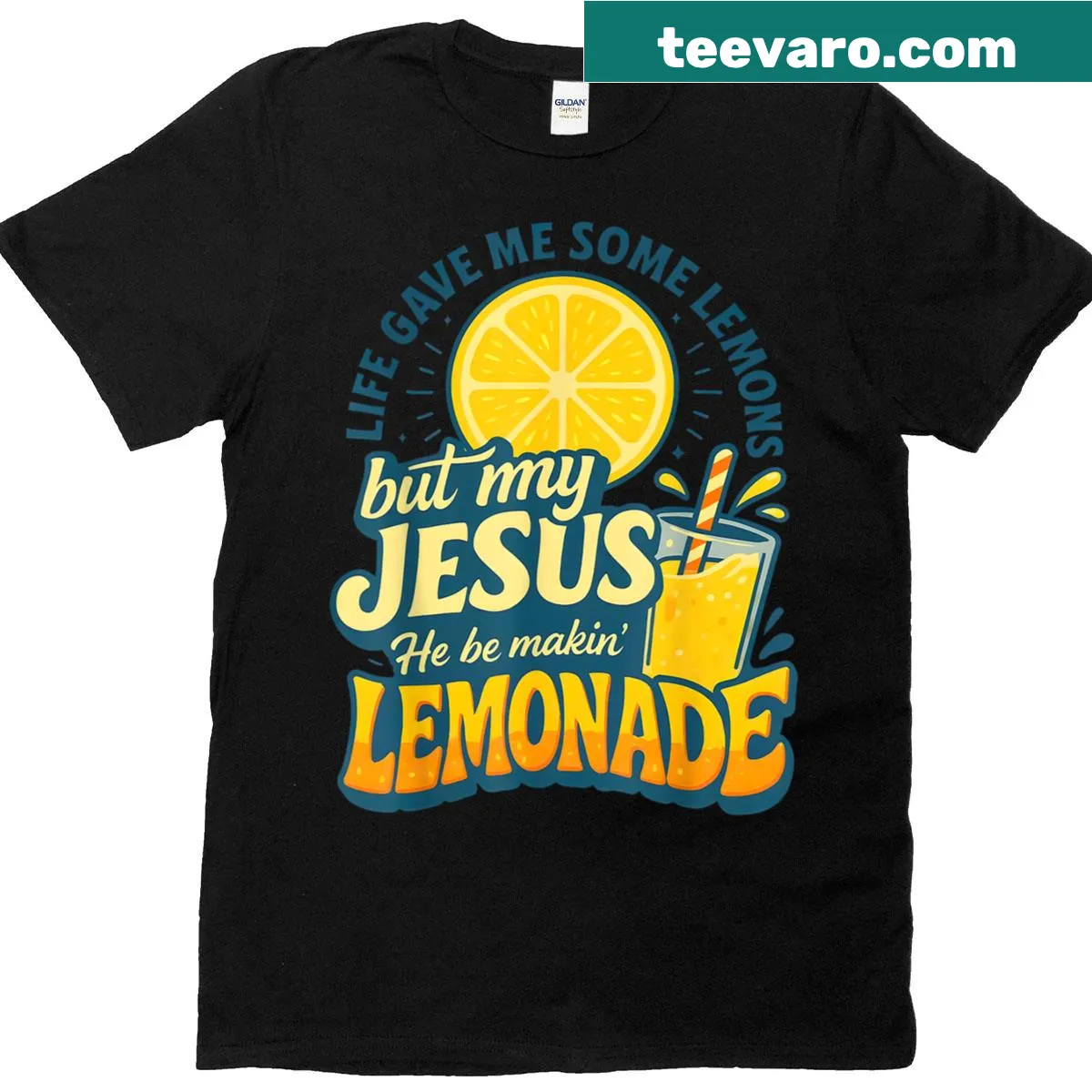 Lighthearted t-shirt featuring a humorous lemonade and faith message — on a men's t-shirt