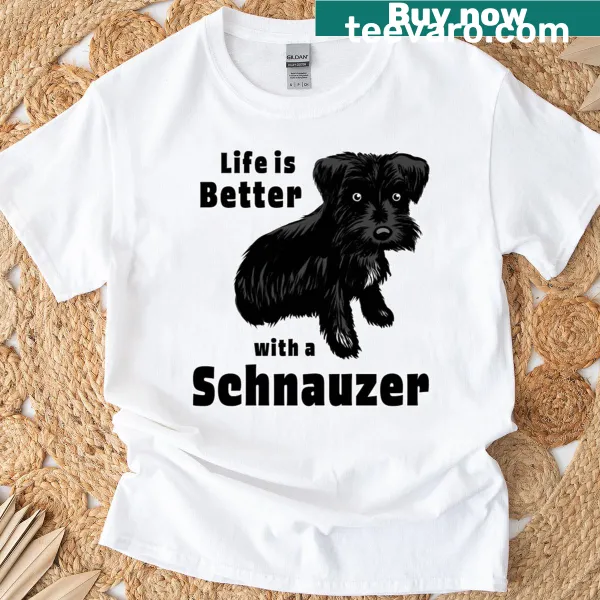 Illustration of a schnauzer with a heartwarming quote on a T-shirt