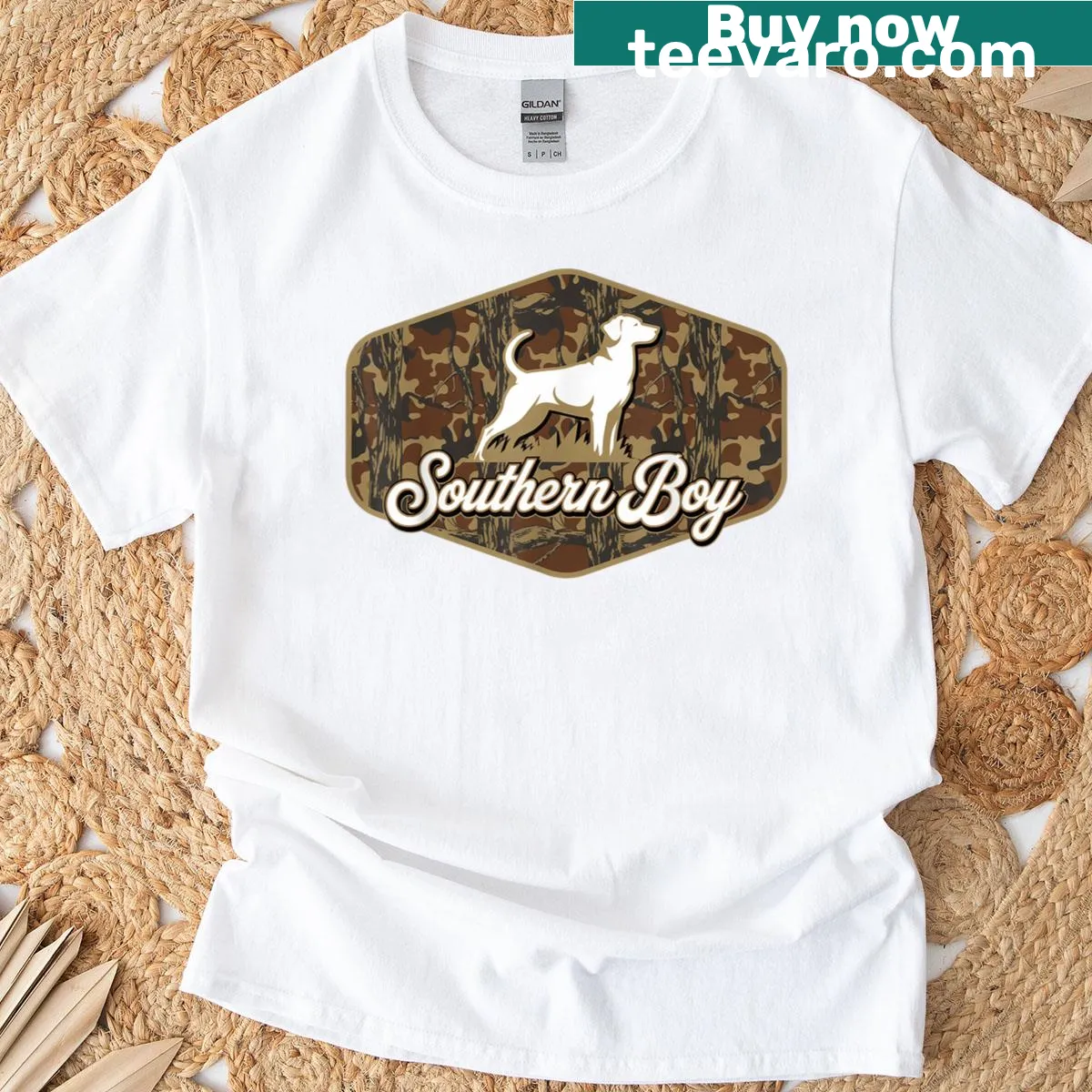 Vintage style t-shirt with 'Local Boy Hunting Dog' text — on a men's t-shirt