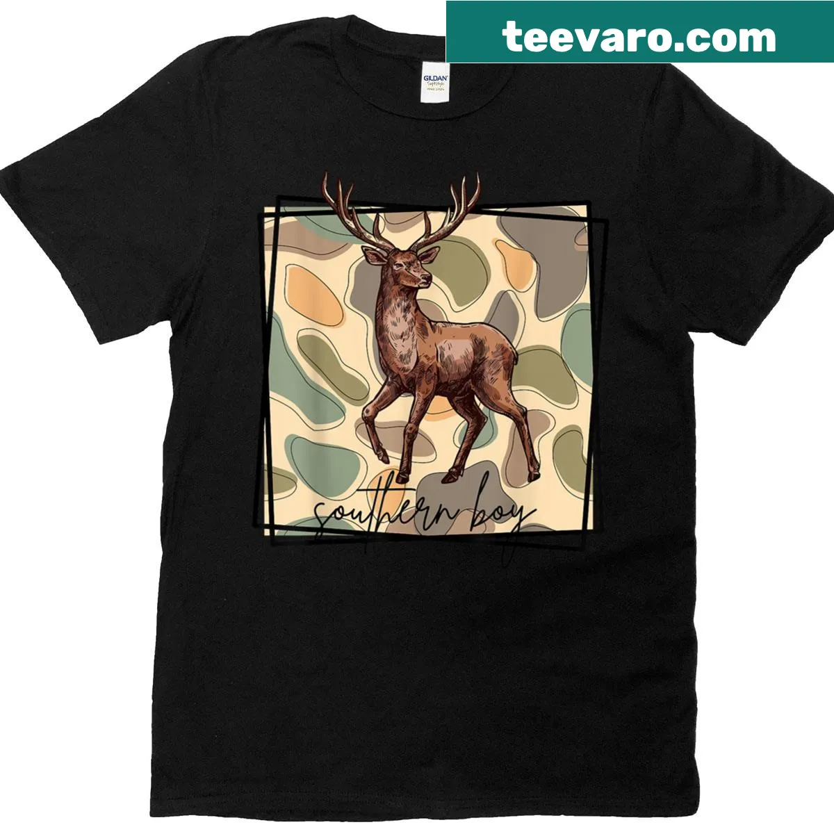 Vintage camo tee featuring a deer hunting graphic for Southern boys — on a men's t-shirt