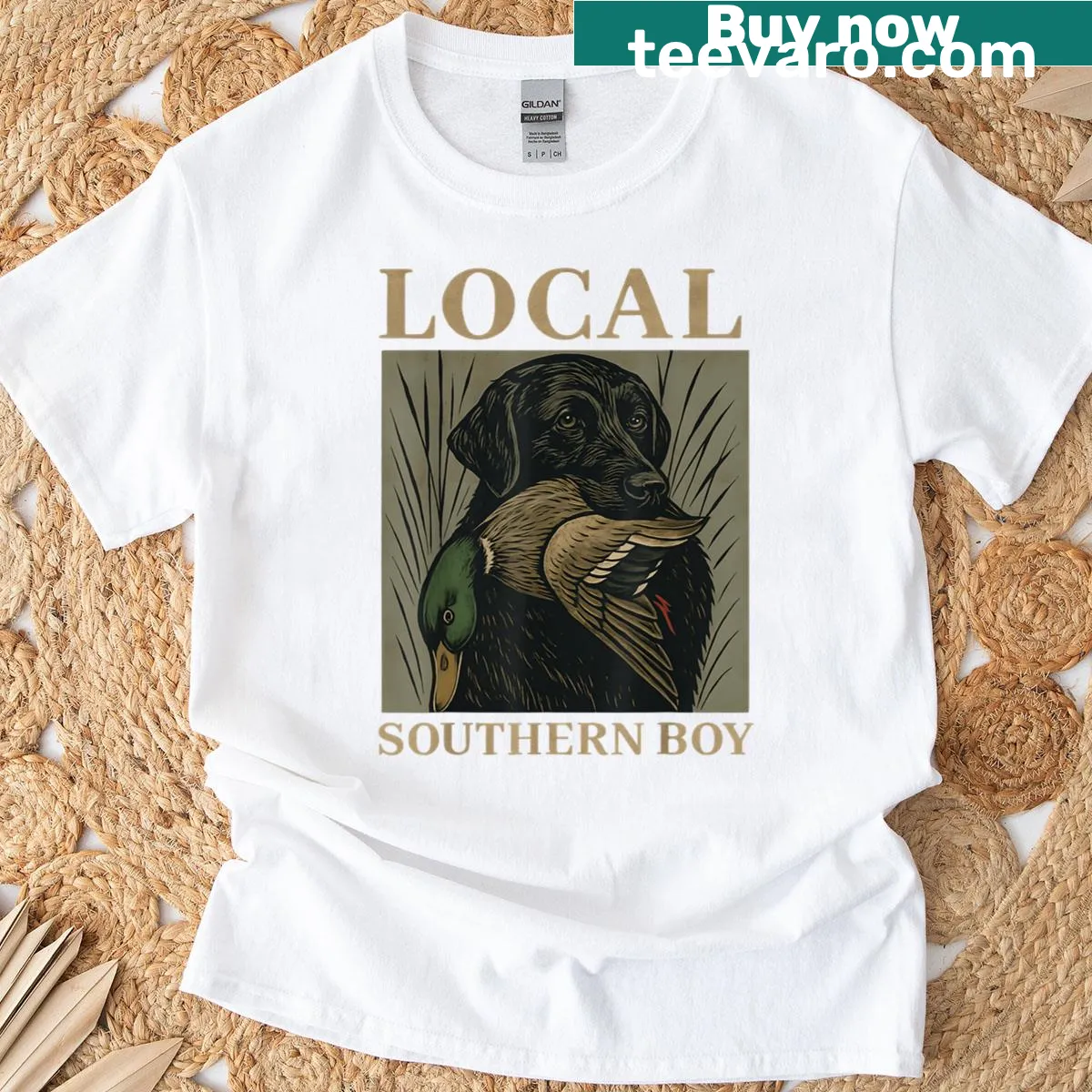 Vintage design T-shirt depicting a Southern boy with a black lab dog and hunting scene — on a men's t-shirt