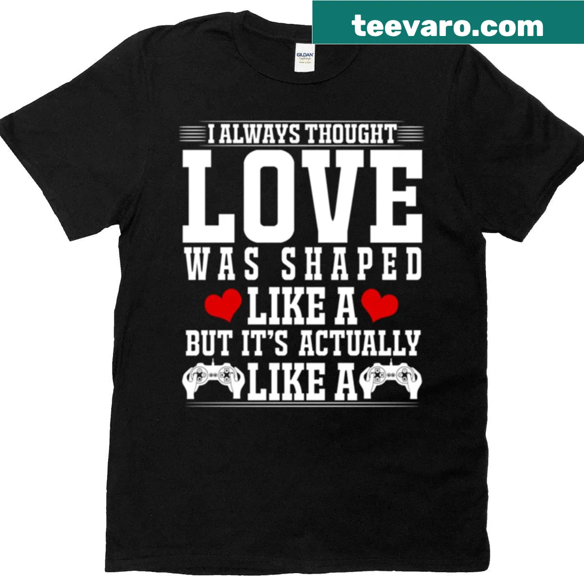 Heart-shaped design with a video game controller for gamers — on a men's t-shirt