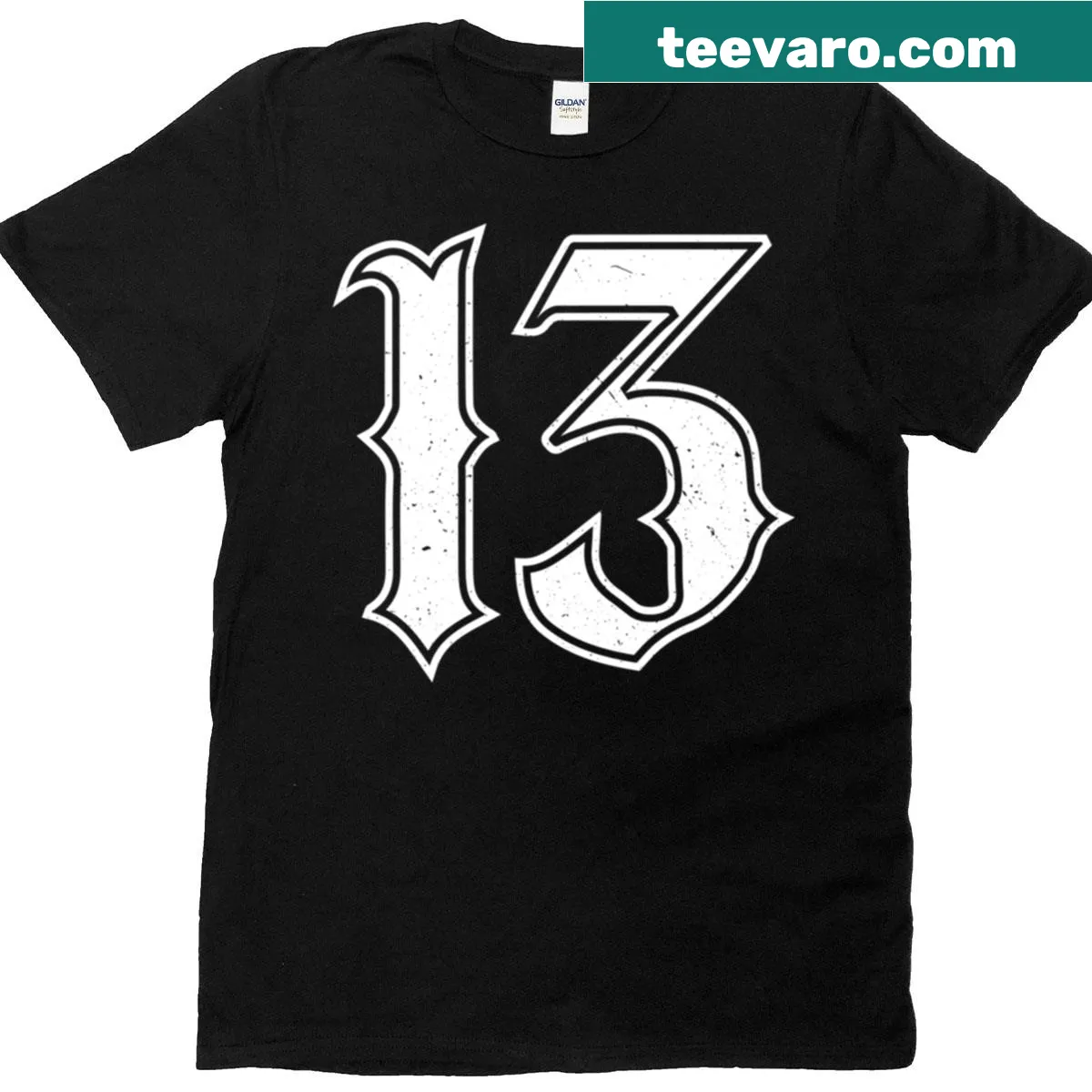 T-shirt celebrating the lucky number 13 with bold text — on a men's t-shirt