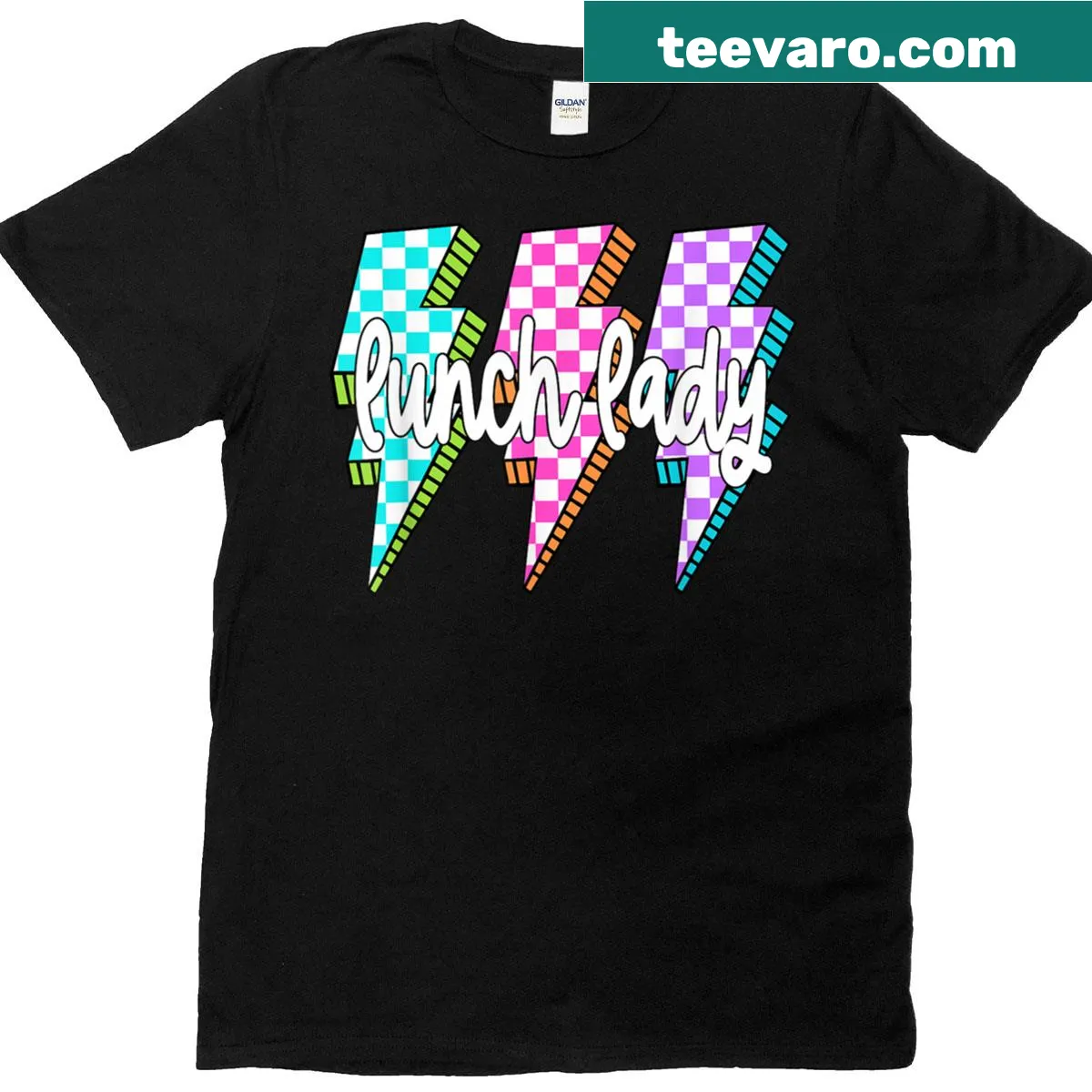 T-shirt with 'Lunch Lady' text in checkered style for moms — on a men's t-shirt