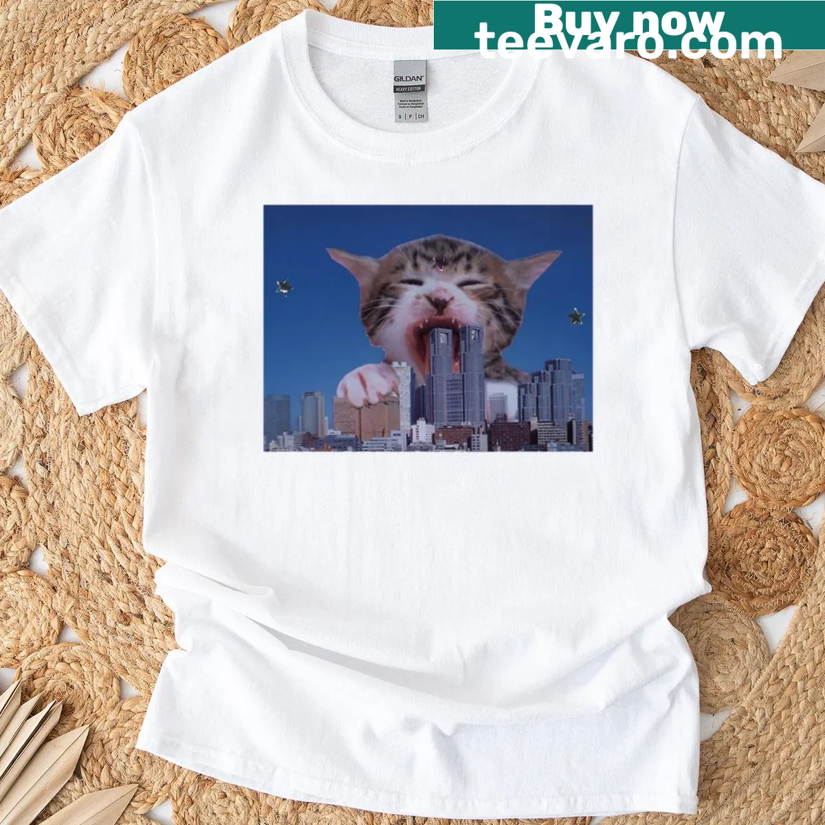T-shirt featuring a playful cat illustration inspired by Macross 7 — on a men's t-shirt