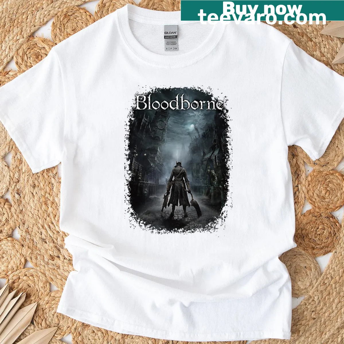Gaming T-shirt with 'Main Hunter In Yharnam' design — on a men's t-shirt