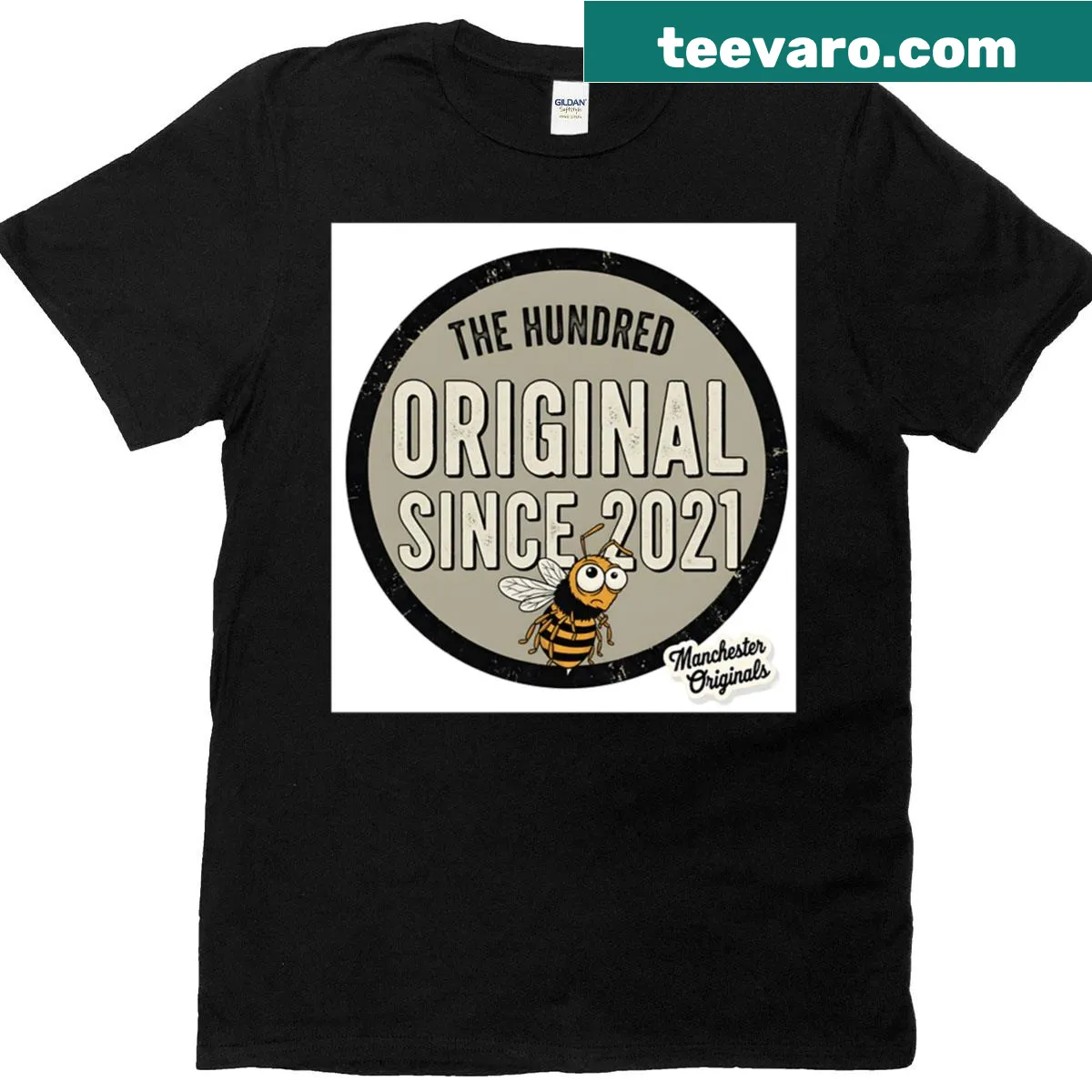 Satirical badge design for Manchester Originals cricket team — on a men's t-shirt