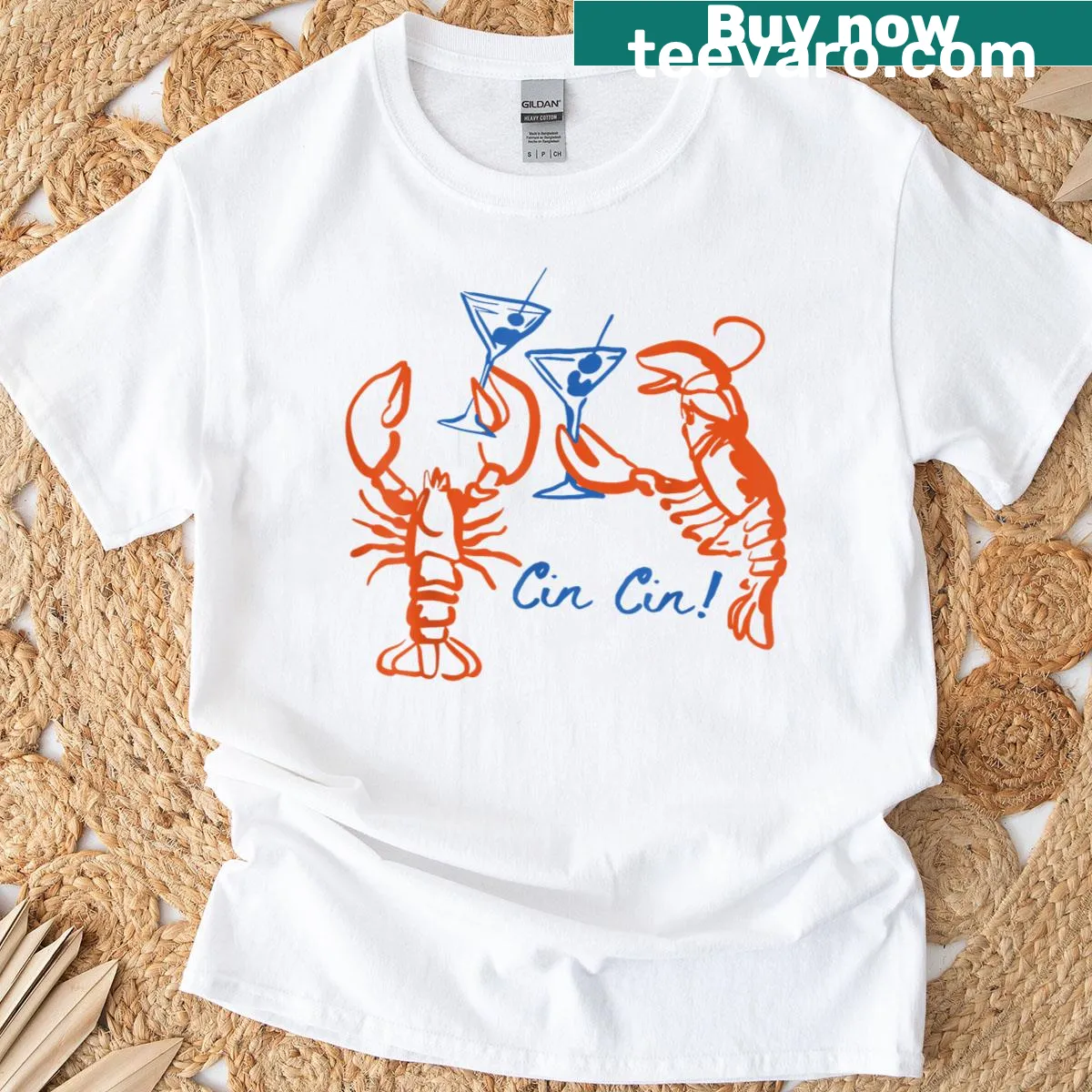 Cartoon lobster with martini on a summer-themed t-shirt — on a men's t-shirt