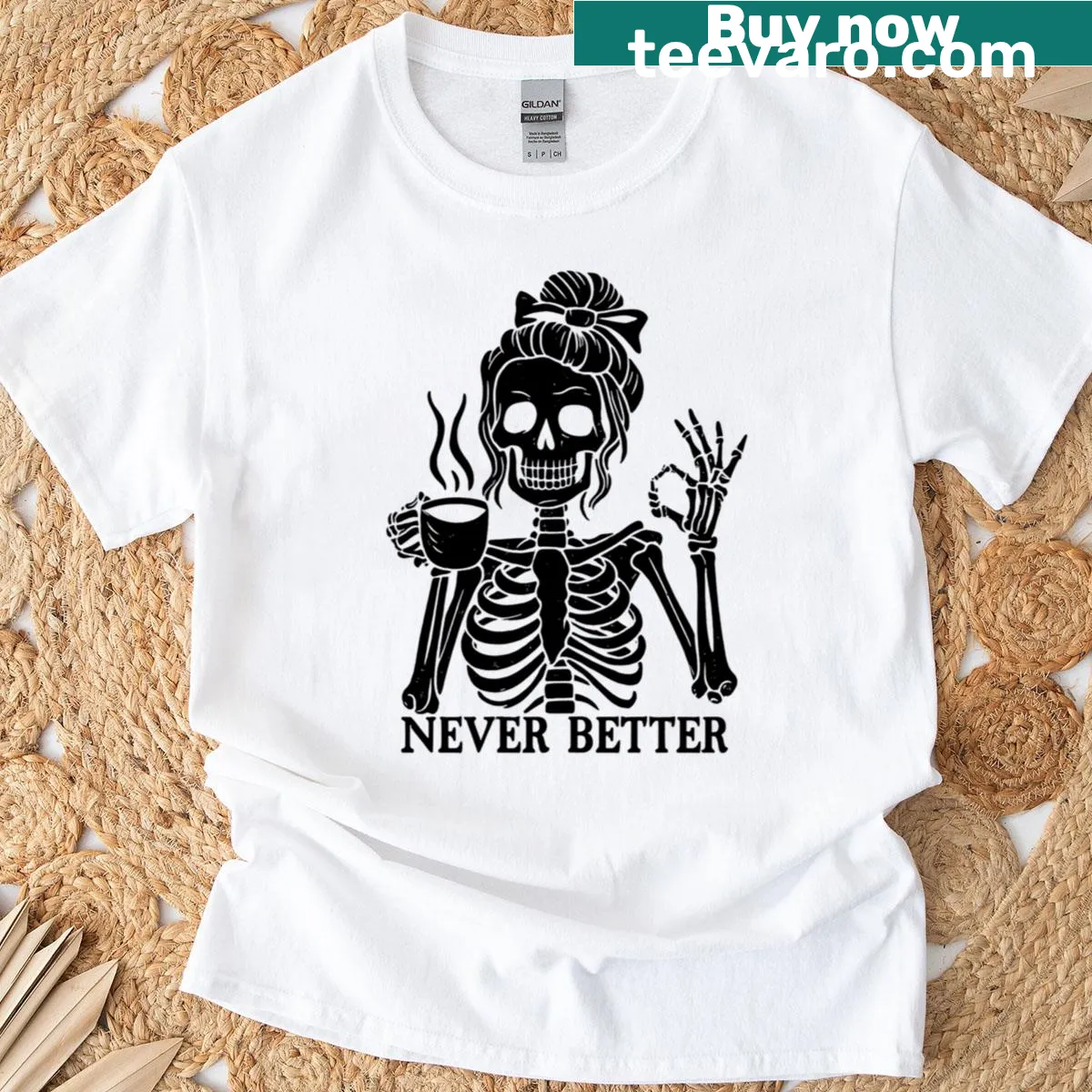 Cartoon skeleton with messy bun and coffee graphic — on a men's t-shirt