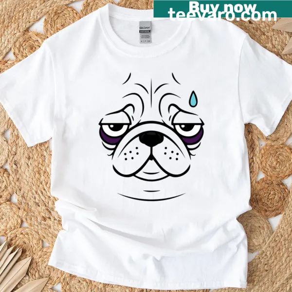 Minimalist sad pug illustration with a tear icon on T-shirt