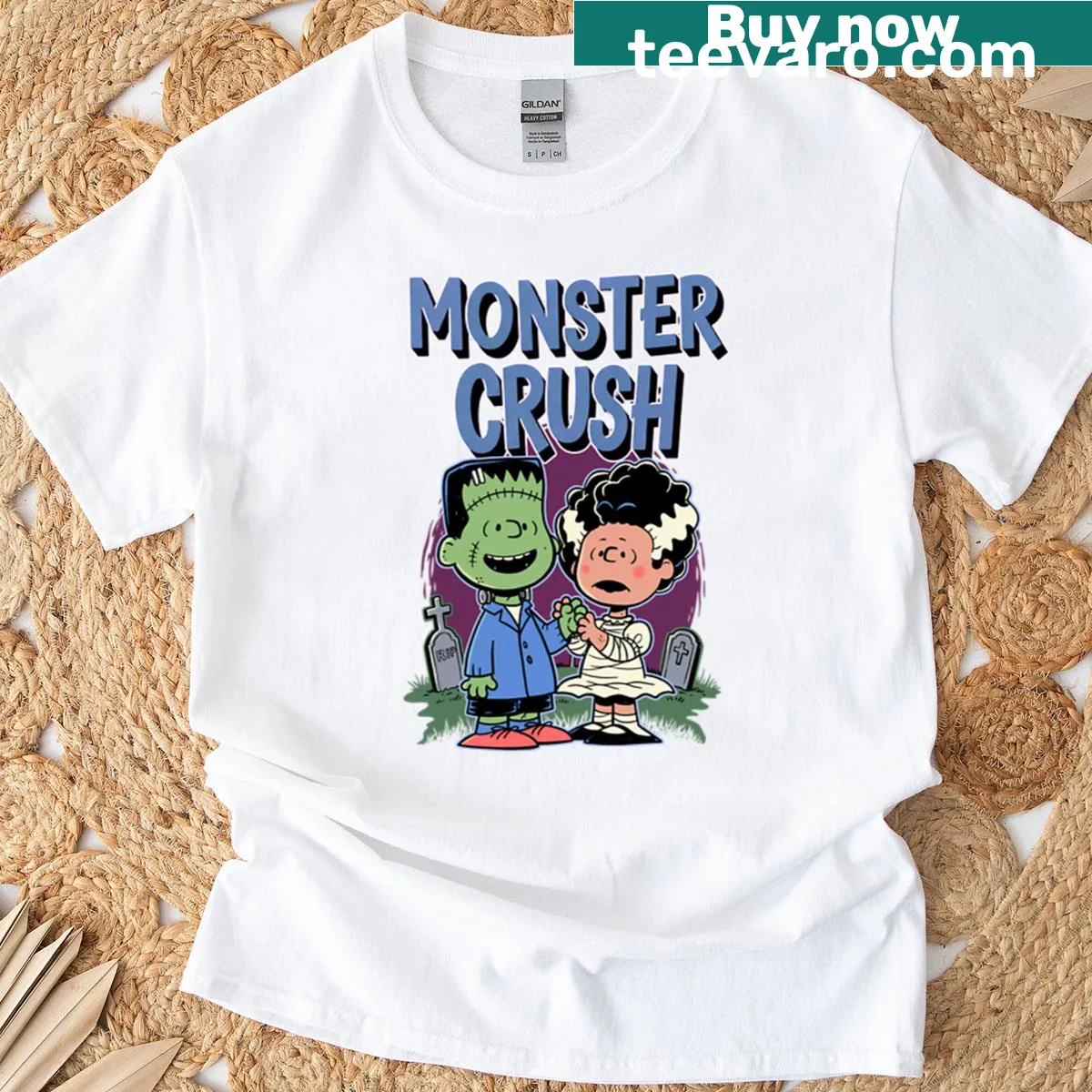 Oversized t-shirt with a playful cartoon graphic of friendly monsters — on a men's t-shirt