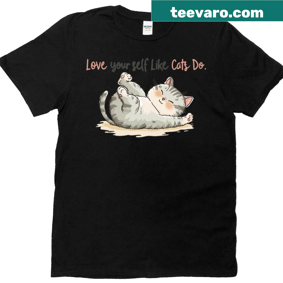 Cute t-shirt with motivational cat-themed self-care message — on a men's t-shirt