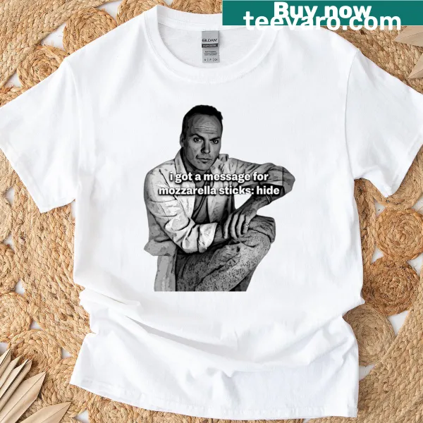 T-shirt with humorous text about hiding mozzarella sticks