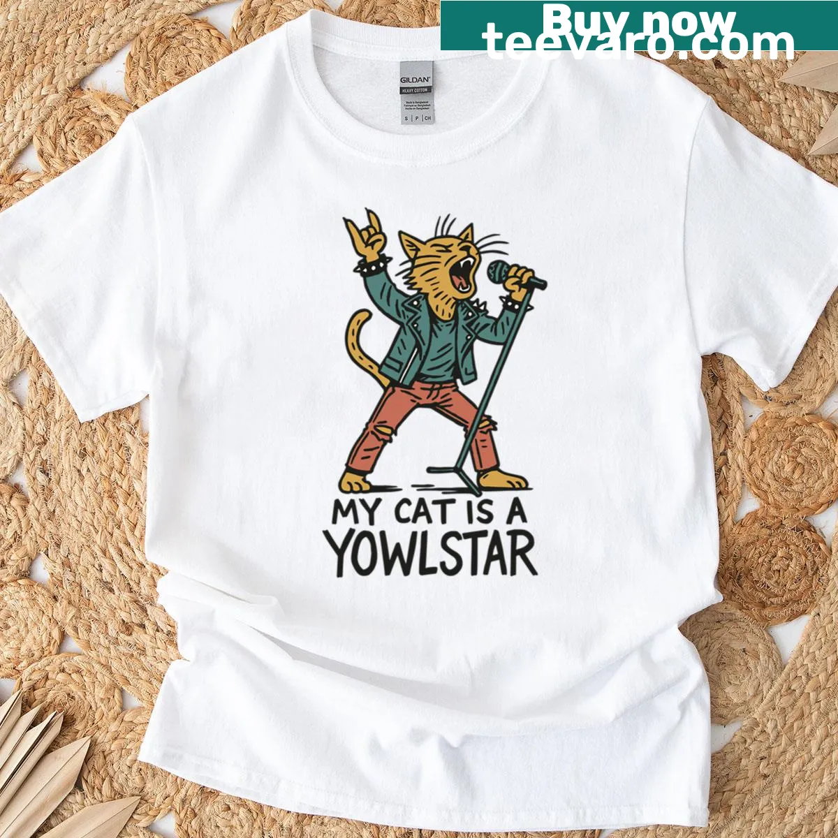 T-shirt featuring a playful illustration of a rock star cat — on a men's t-shirt