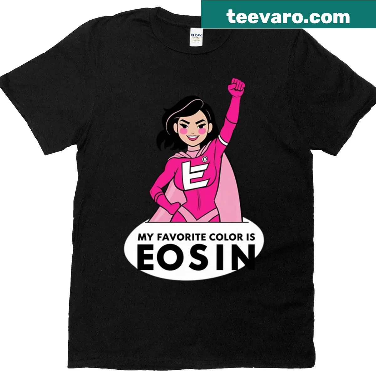 Pathology humor t-shirt with superhero design about eosin color — on a men's t-shirt