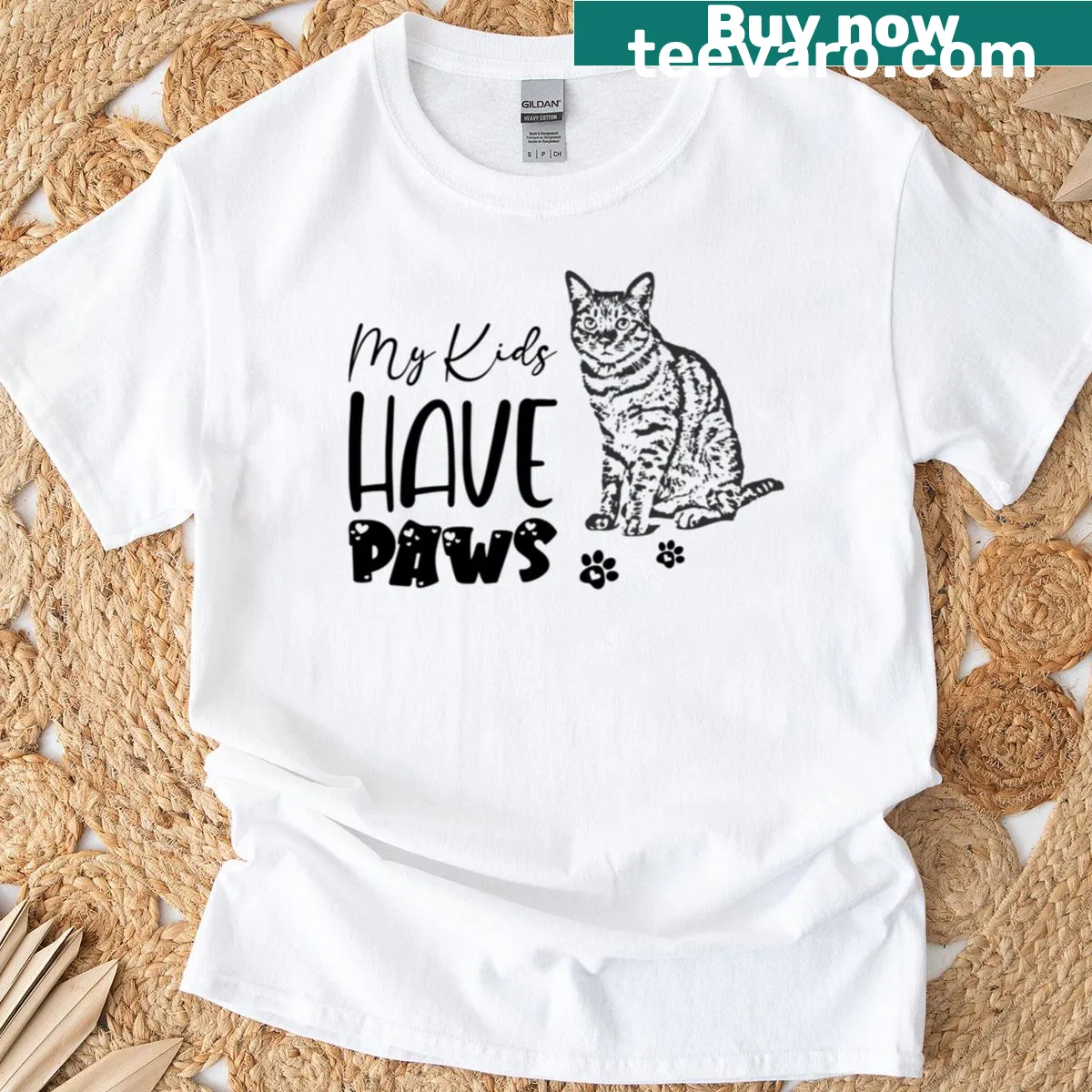 T-shirt featuring the phrase 'My Kids Have Paws' with cat illustrations — on a men's t-shirt