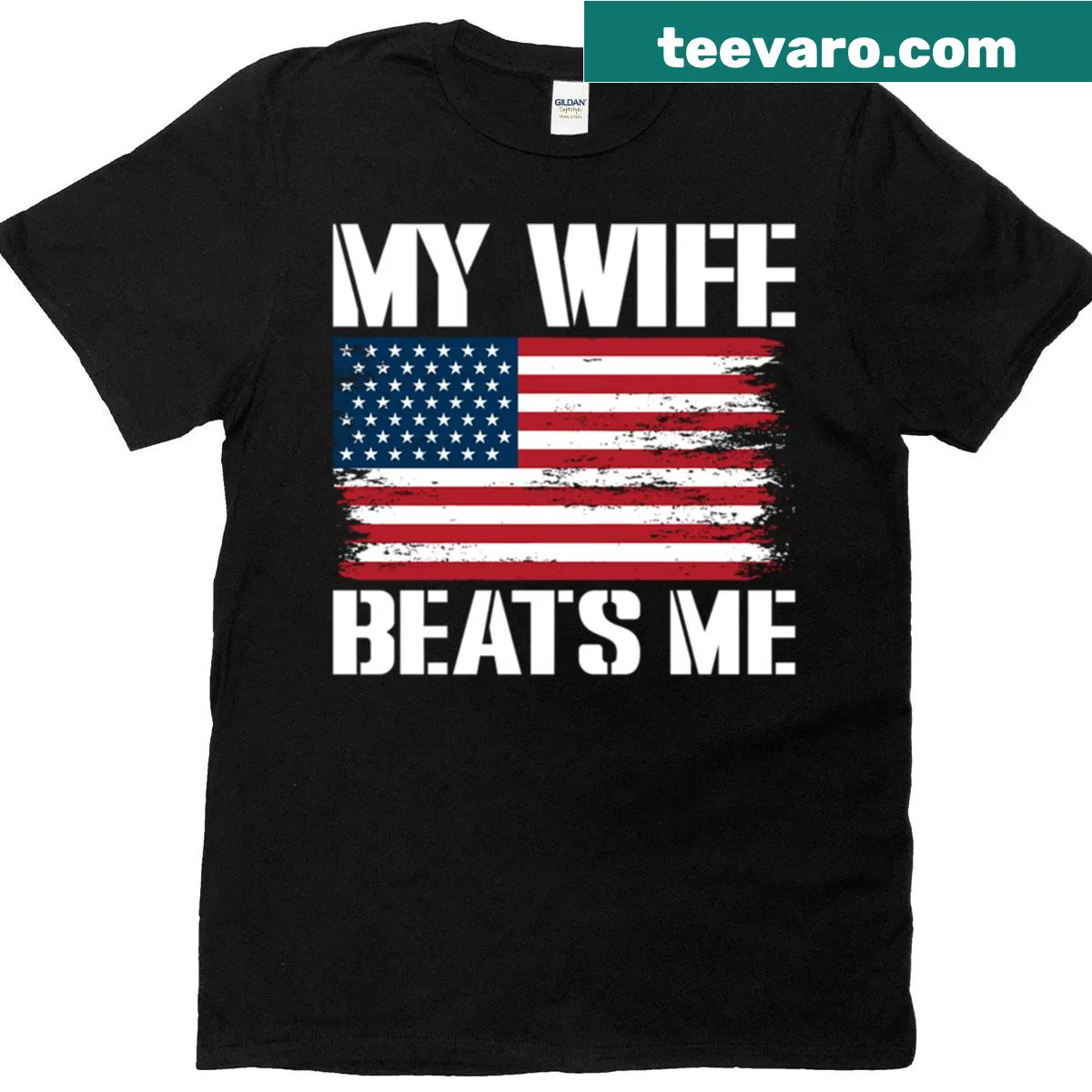 Sarcastic mens shirt saying 'My Wife Beats Me' in bold typography — on a men's t-shirt