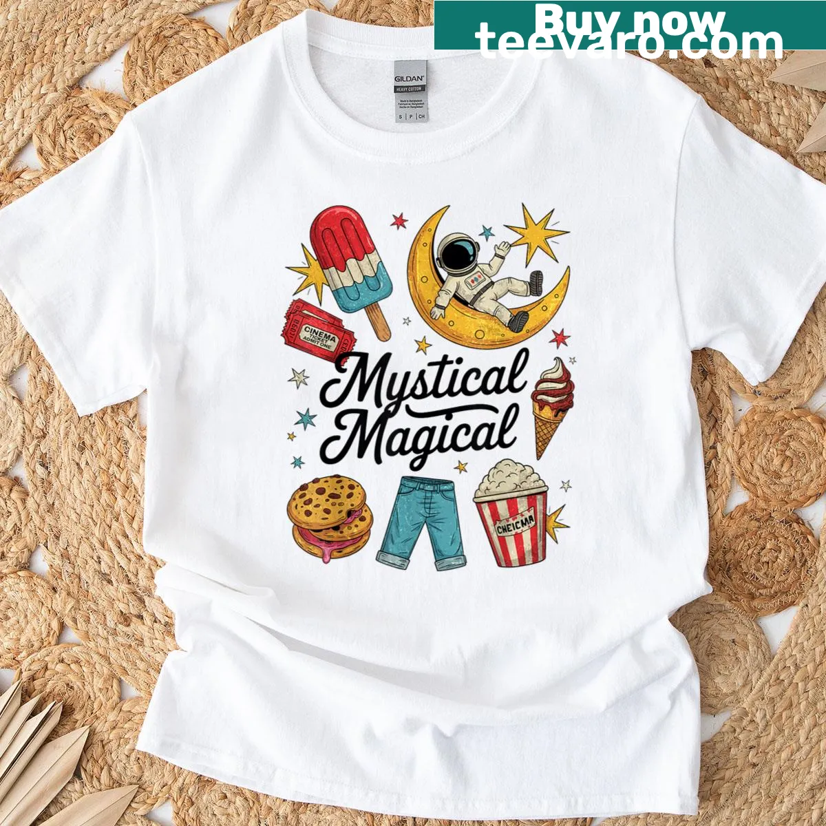 Illustrated T-shirt celebrating American heritage with a mystical touch — on a men's t-shirt