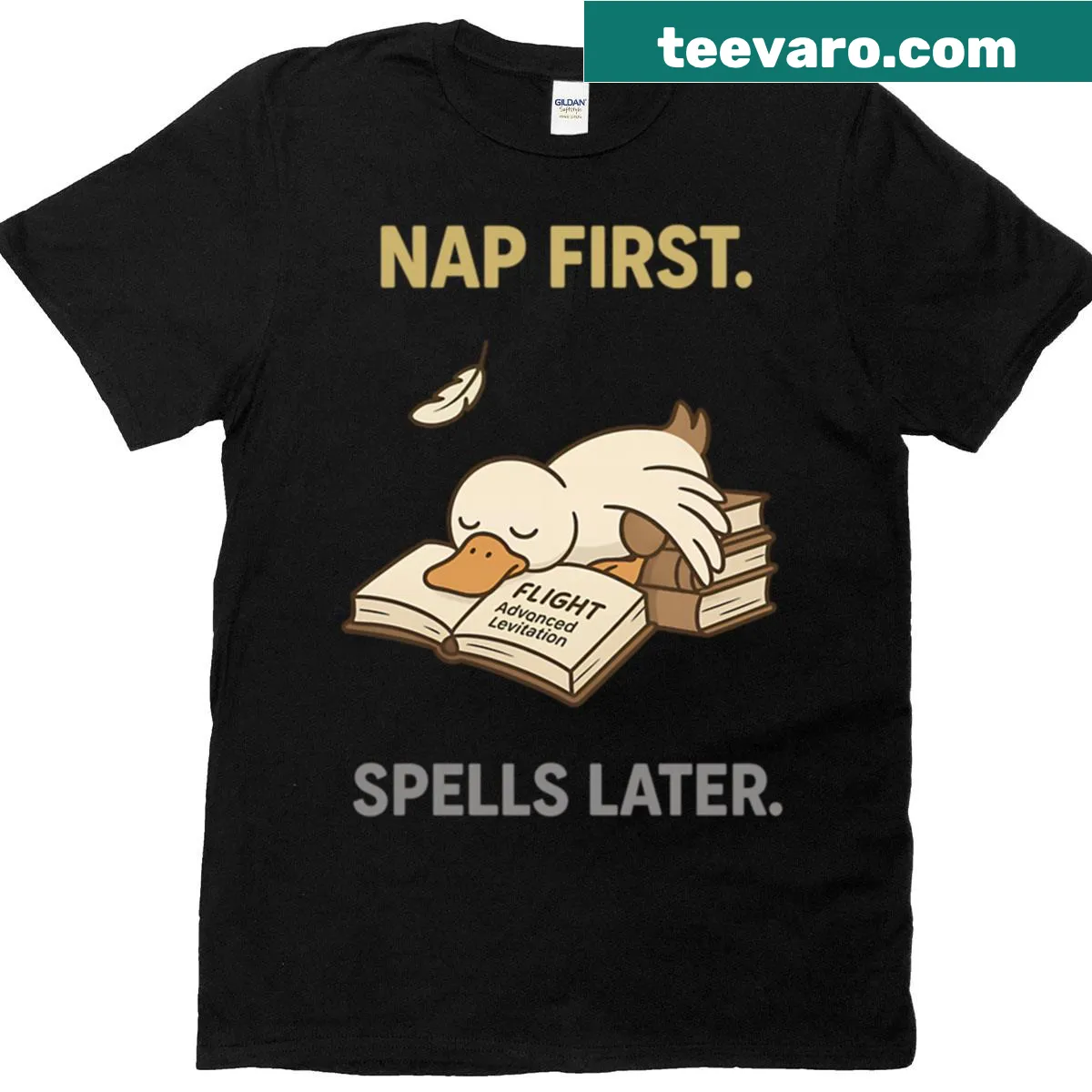 Oversized t-shirt featuring a cute sleeping duck on books design. — on a men's t-shirt